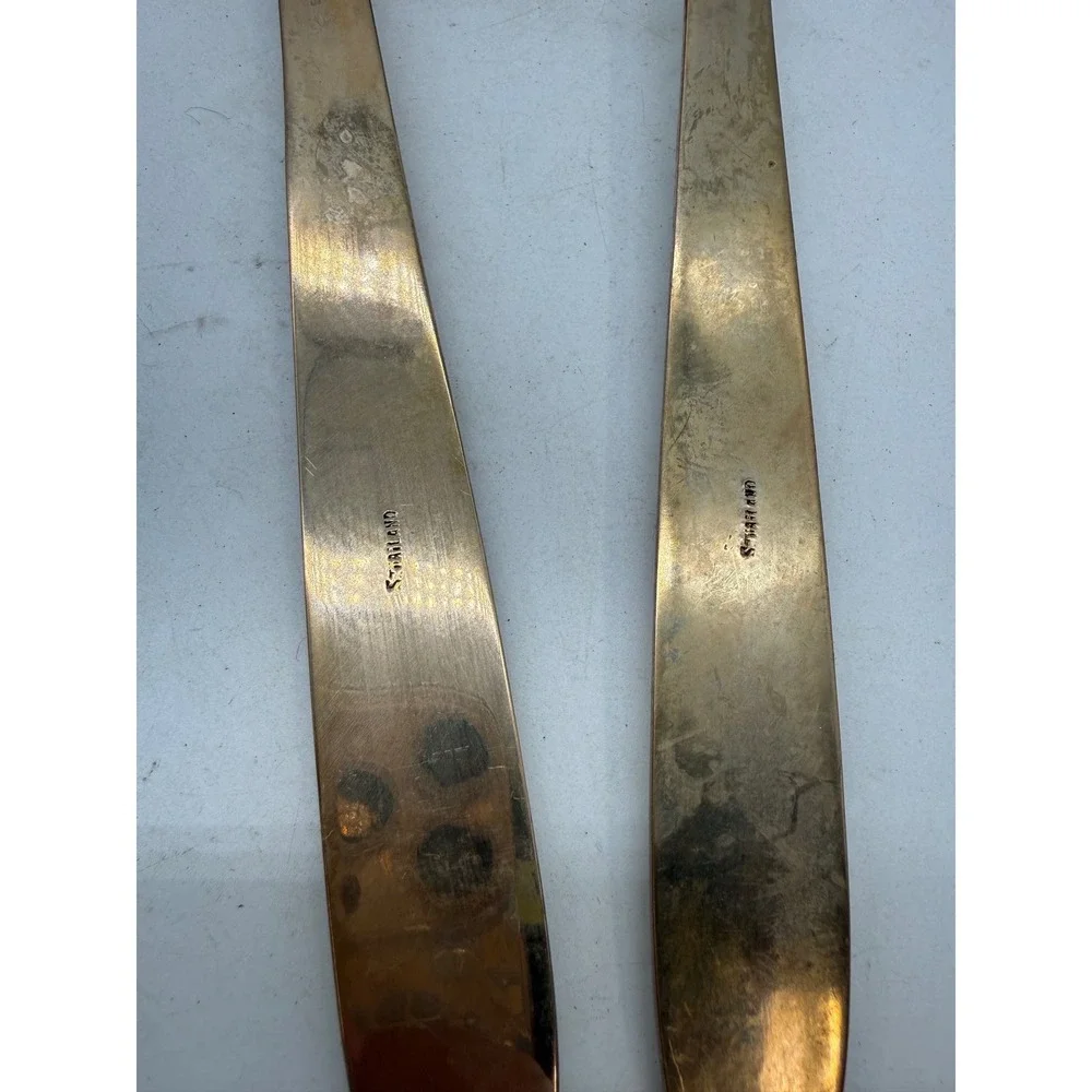 VTG MCM Thailand Bronze Brass Ladle Sauce Spoon Set 3 Gold Tone Floral Etched